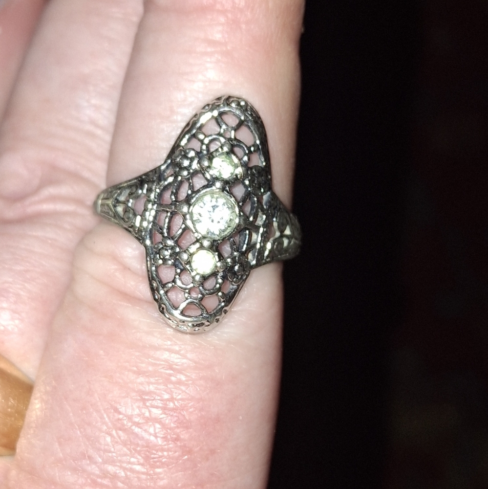 Signed 18K G.E. (gold electroplated) Silver Art Deco Style Cz Filigree Ring